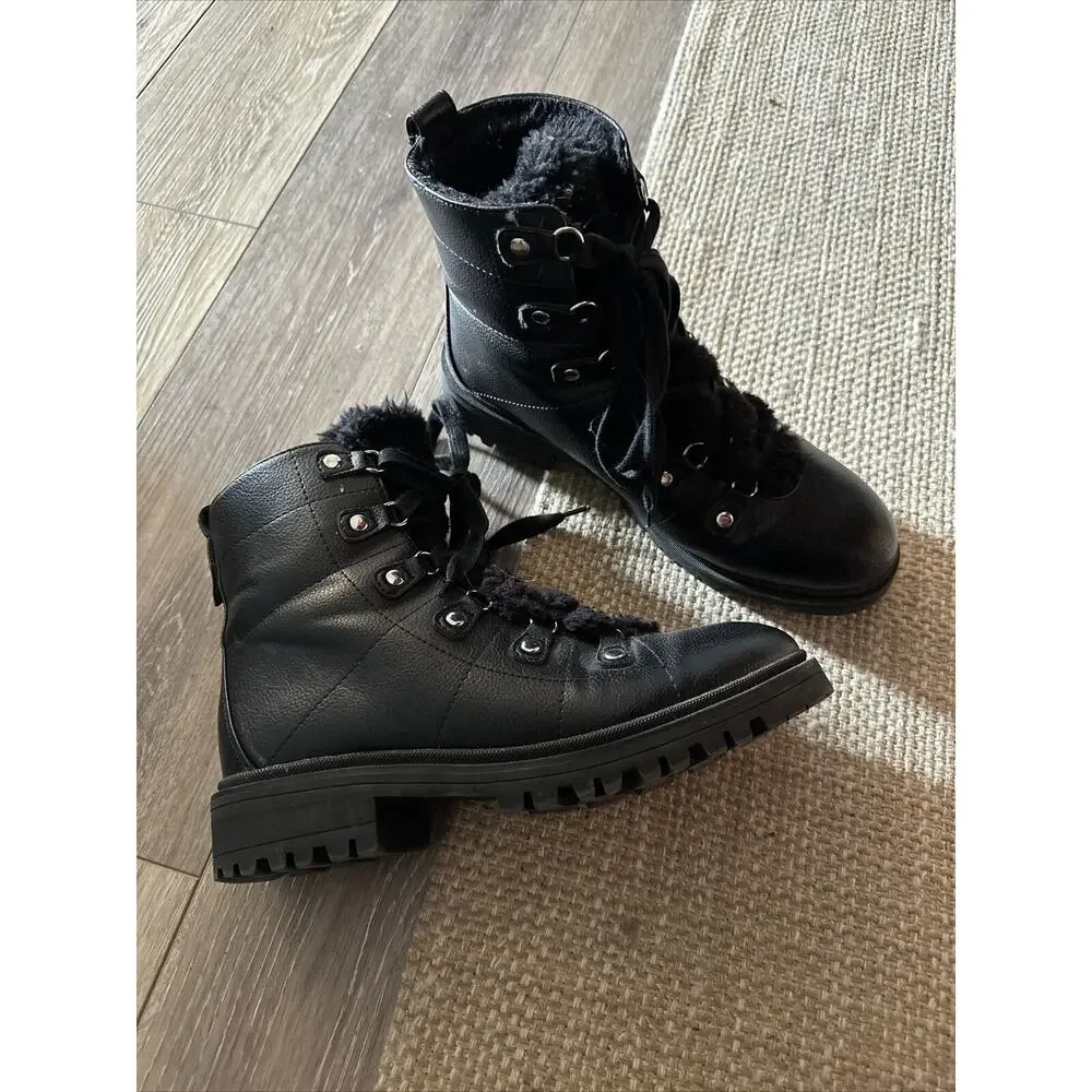 NINE WEST Weaton Fur Shoes 9.5 Black Winter Hiker Lace Up Combat Boots